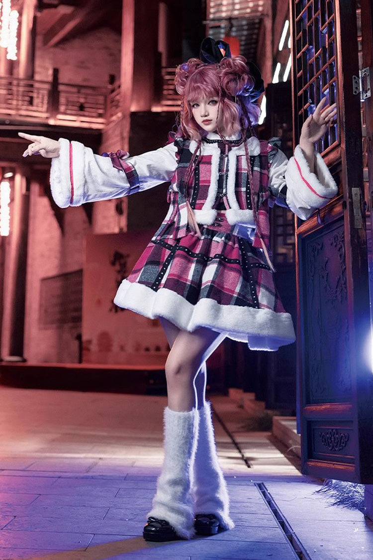 Multi-Color Plaid Print Bowknot Autumn Winter Sweet Chinese Style Lolita Skirt Set