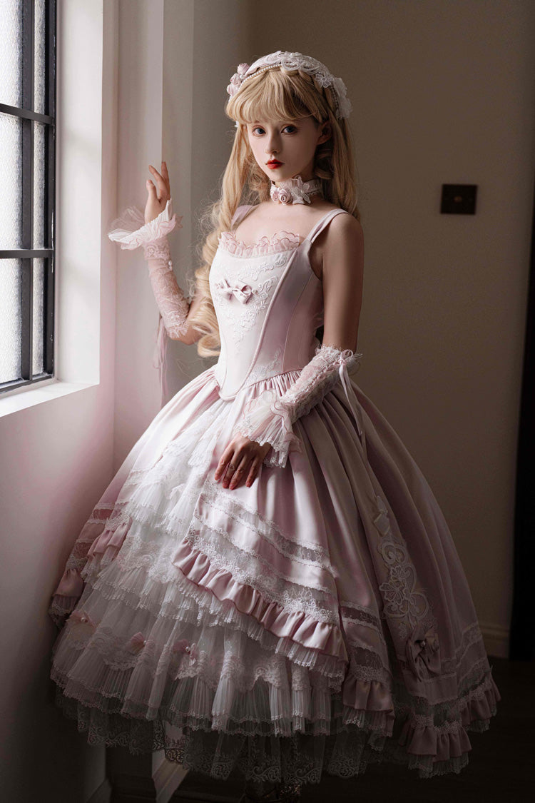 Pink Promise of the Rose Multi-Layered Ruffled Hanayome Open-Front Bow Sweet Gorgeous Lolita Jsk Dress Set