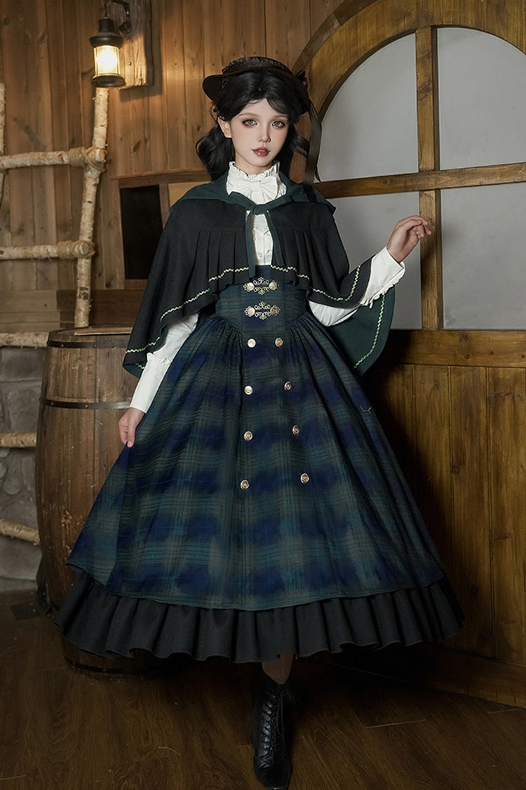 Blue/Green Berlin's letter Double-Layered Plaid Print Ruffle Bowknot Classic College Style Lolita Strap Dress Set 2 Versions