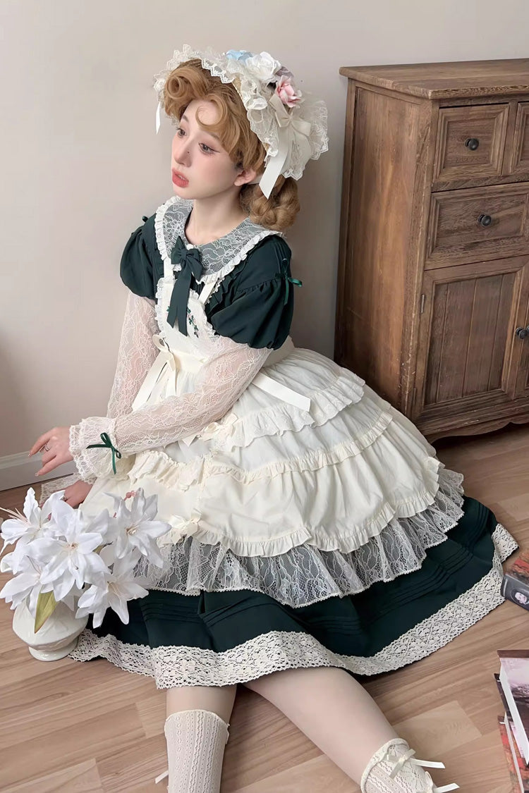 Green Mist over Flowers Along the Path Lapel Collar Long Sleeves Embroidery Bowknot Lace Sweet Lolita Dress
