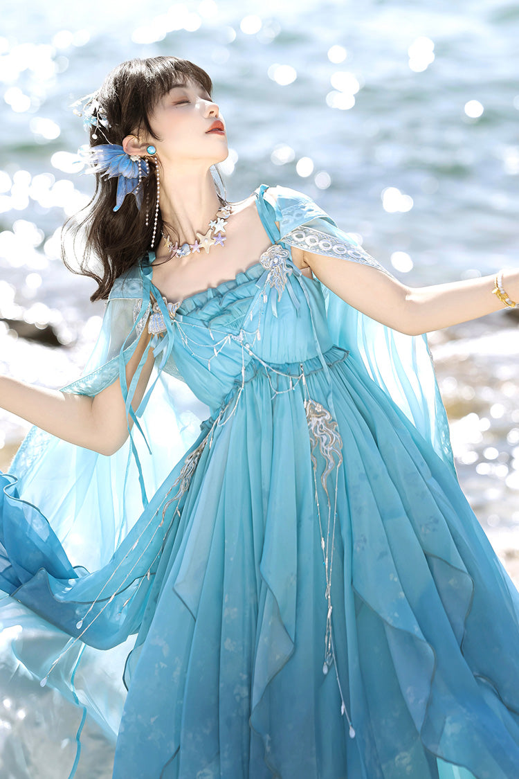 Blue Ocean Sprite Gradient Print Irregular Hooded Sweet Lolita Jsk Dress Cloak Set