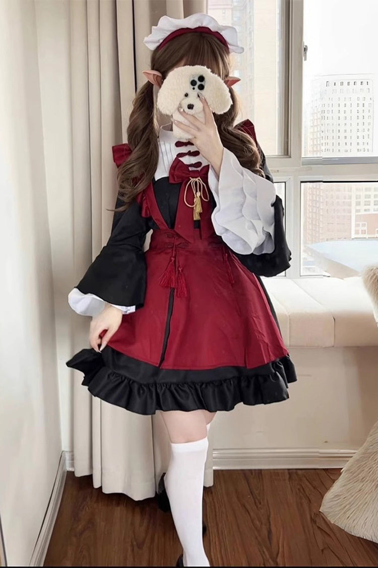 Black/Red Maid Long Trumpet Sleeves Ruffle Bowknot Classic Plus Size Chinese Style Lolita Dress Full Set