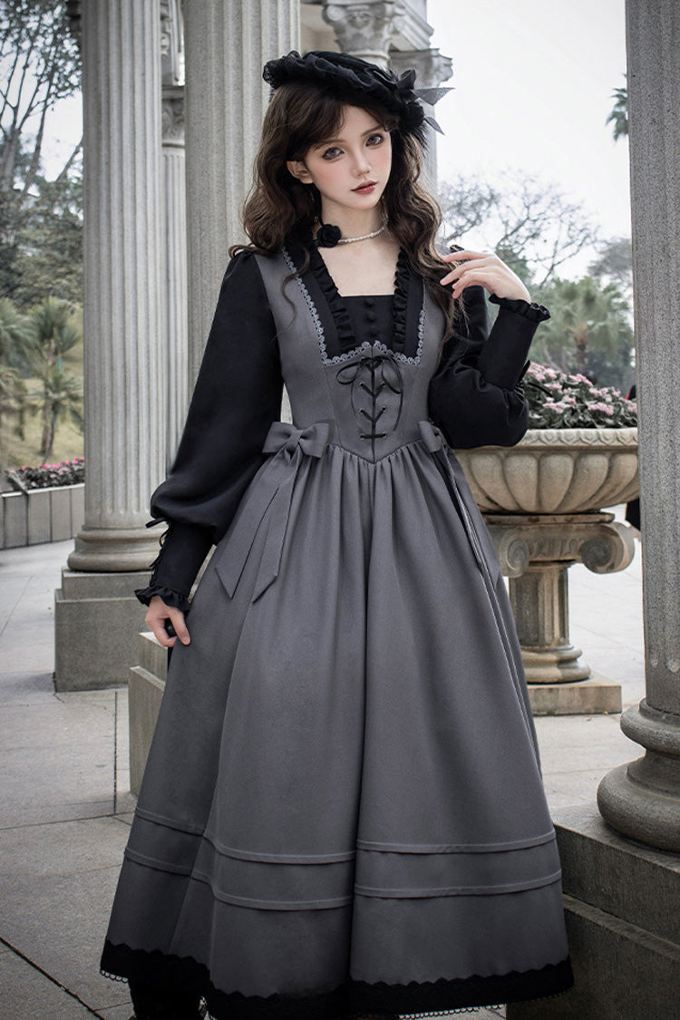Grey Mist Chronicle Square Collar Long Sleeves Bowknot Lace-Up Color-Block Fake Two Pieces Classic Lolita Dress