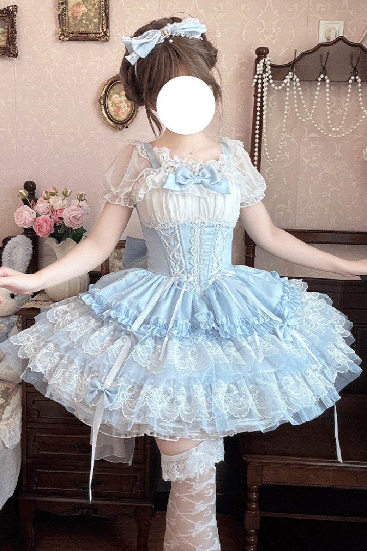 Blue Dance of Time Sleeveless Triple-Layered Ruffle Bowknot Lace Lace-Up Sweet Ballet Lolita Jsk Dress