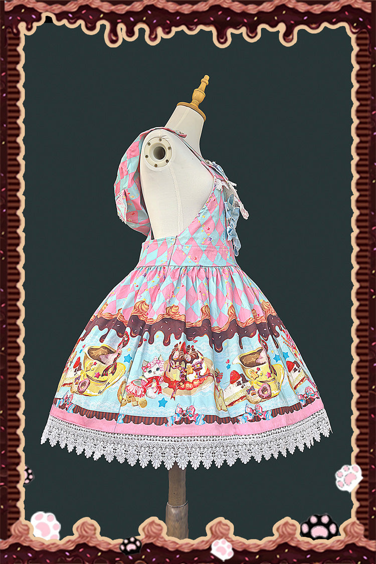 Cream Meow Sleeveless Print Bowknot Hooded Sweet Lolita Strap Dress 3 Colors