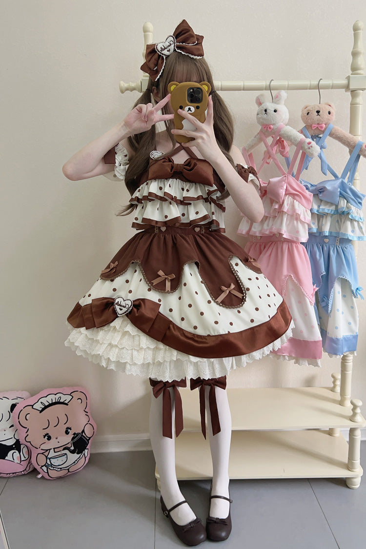 Chocolate Brown Cream Multi-Layered Polka Dots Print Ruffle Bowknot Sweet Lolita Jsk Dress