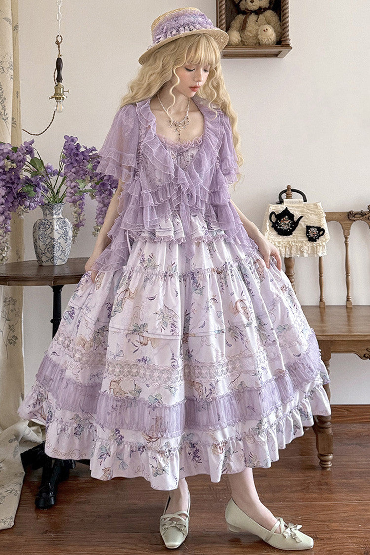 Purple Pea Squirrel Sleeveless Multi-Layered Pastoral Print Ruffle Embroidery Lace Sweet Elegant Lolita Jsk Dress