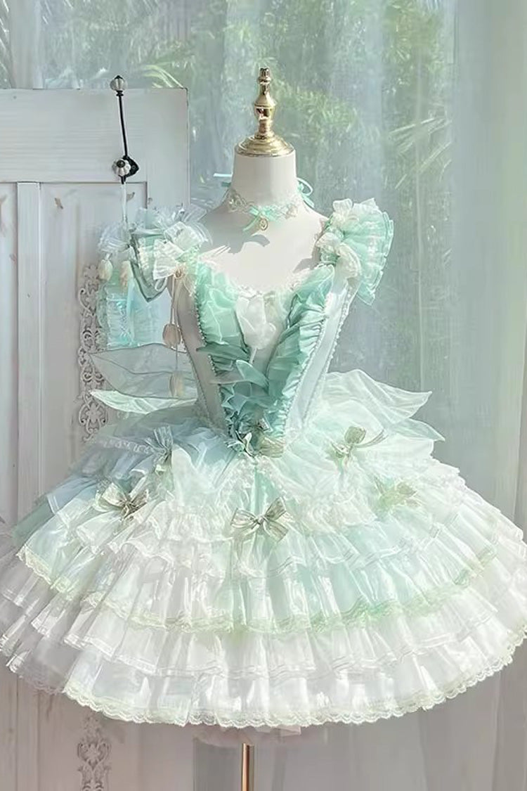 Green Tulip and Wind Chime Multi-Layered Ruffle Bowknot Lace Sweet Gorgeous Lolita Jsk Dress