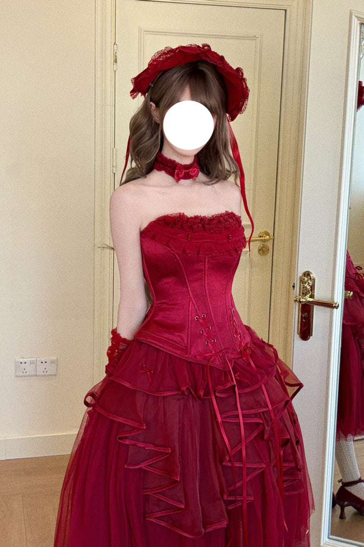 Red The Summer Waves Sparkle Square Collar Sleeveless Multi-Layered Ruffled Bow Lace-Up Slim Classic Lolita Skirt Set