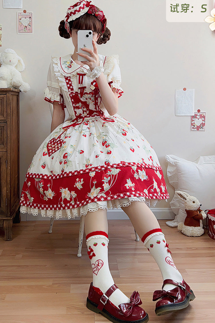 Red/White Strawberry Orchard Print Ruffle Detachable Sweet Lolita Strap Dress