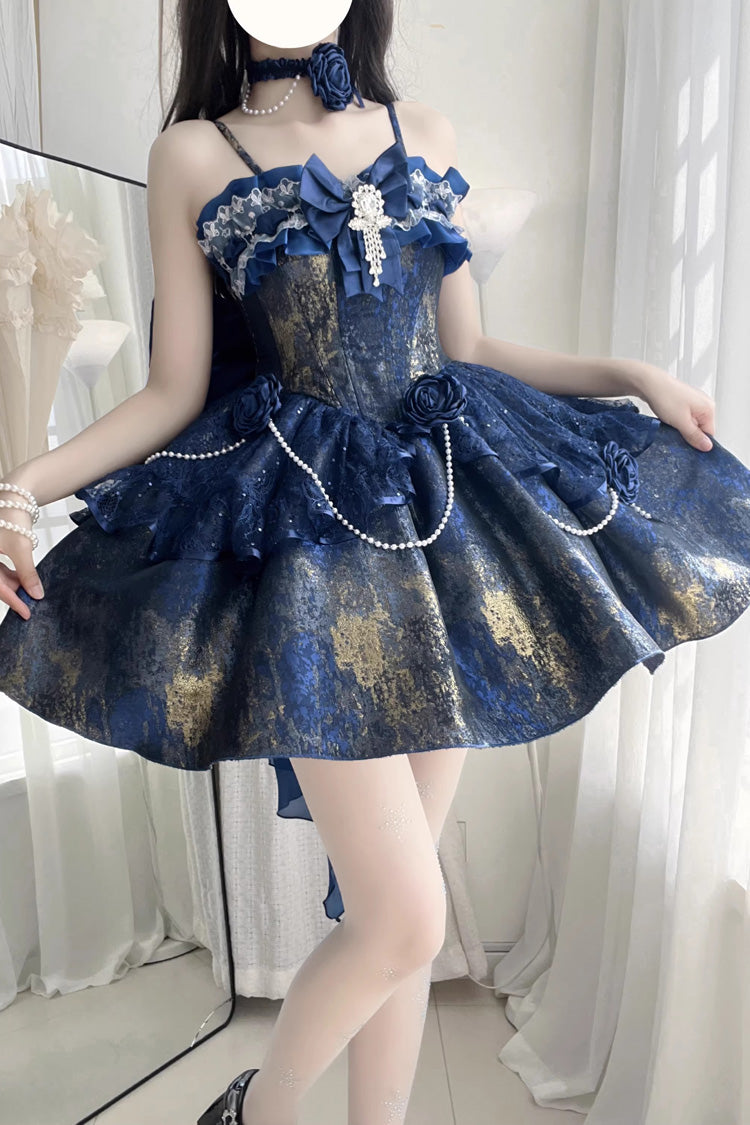 Cosmic Shimmer Halterneck Oil Printed Ruffled Bow Lace Pearl-Decorated Sweet Princess Lolita Short Jsk Dress 2 Colors