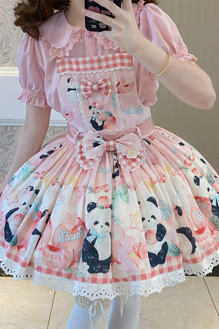 Panda Peach Print Bowknot Sweet Lolita Strap Dress 3 Colors