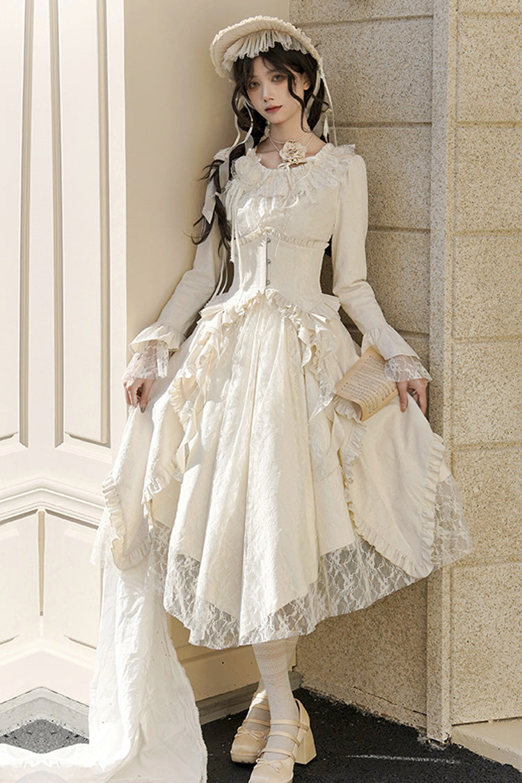Ivory White Tea Long Sleeves Ruffle Bowknot Lace Irregular Classic Princess Lolita Dress