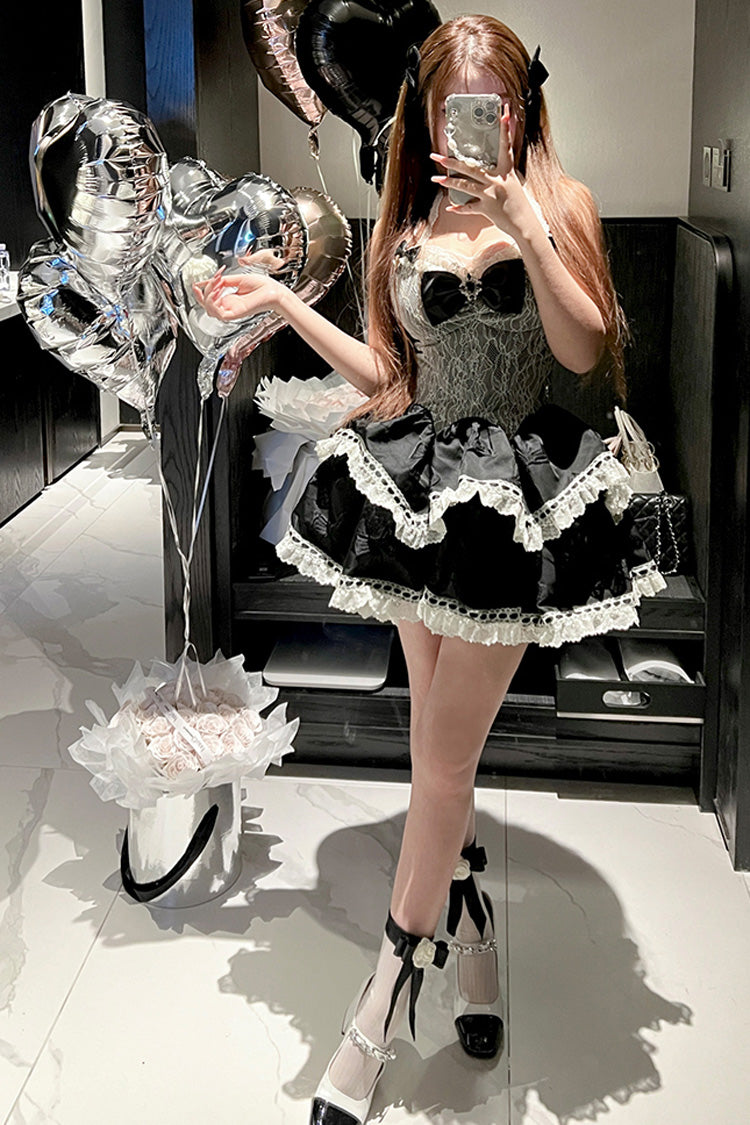 Black Asking For A Kiss Halterneck Double-Layered Bowknot Lace Gothic Lolita Dress