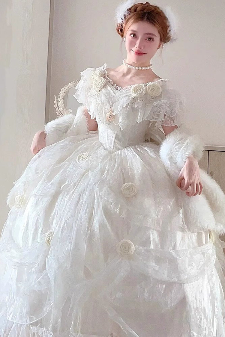White Tana Manor Rose Flower Long Sleeves Ruffle Bowknot Elegant Sweet Princess Lolita Strapless Dress