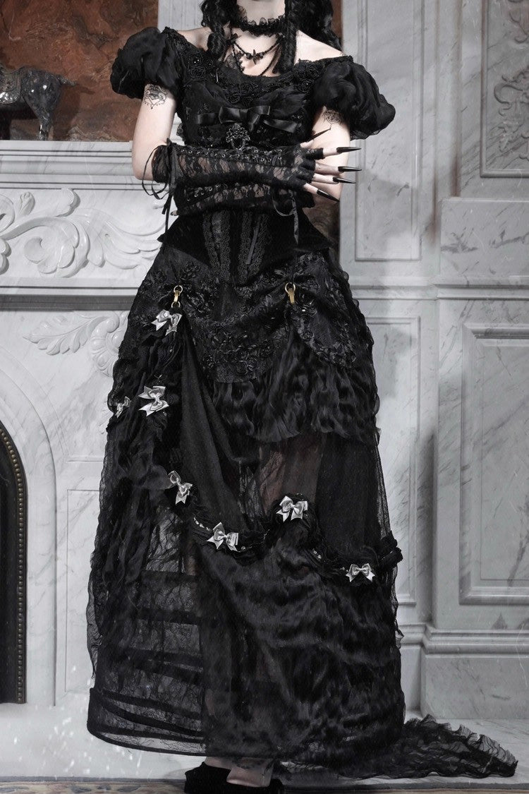 Black Cupid's Magic Box Basel French Ruffle Embroidery Bowknot Lace Gothic Elegant Lolita Long Skirt