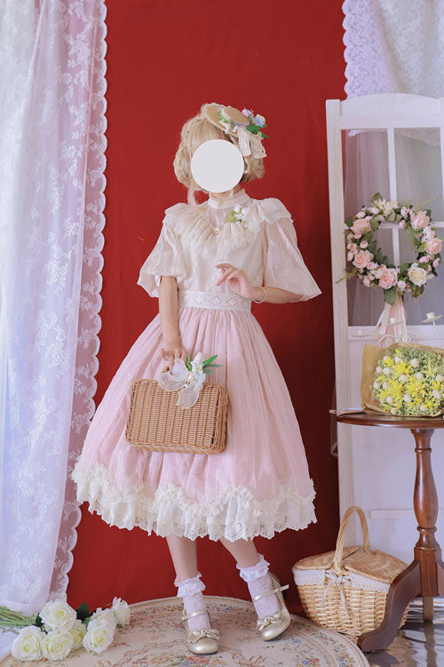 Pink Elegant Vintage Tulip Multi-Layer Ruffled Classic Lolita Skirt Dress