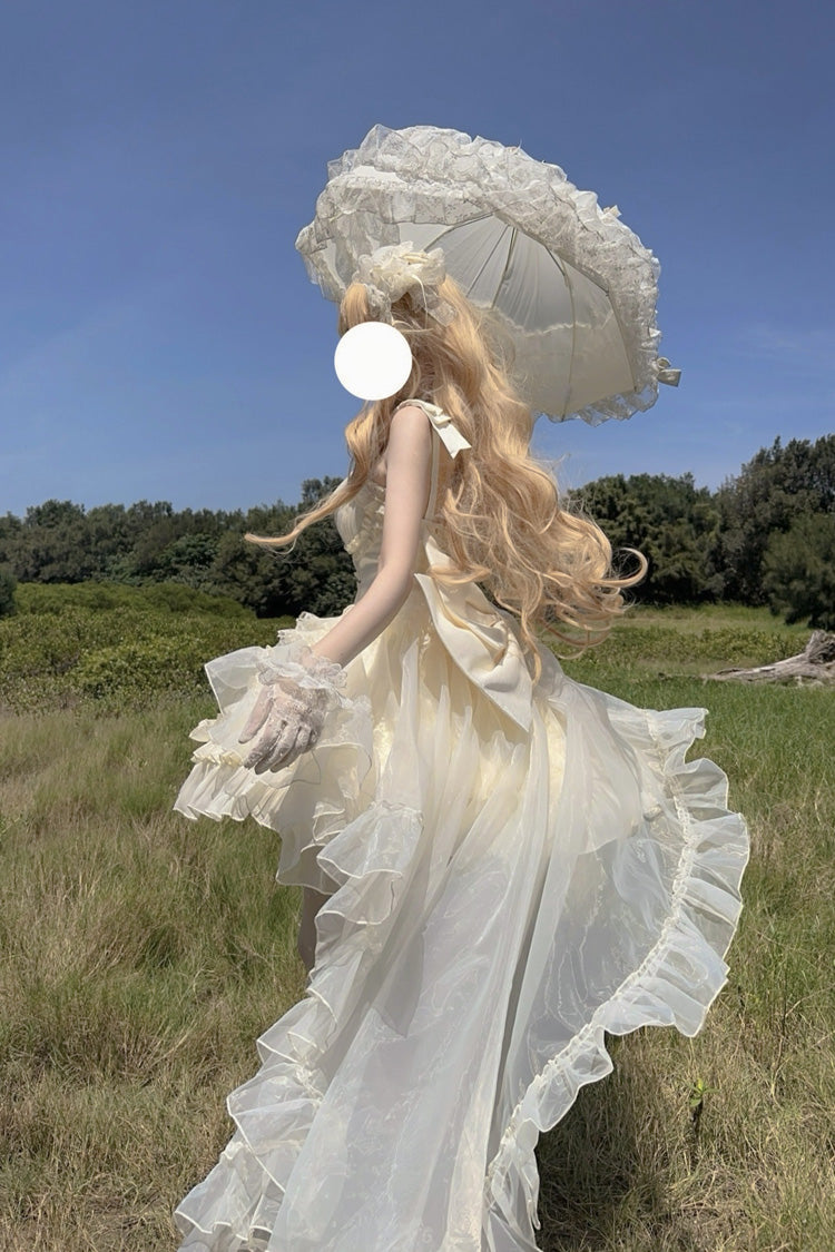 Apricot Cream Cake Sleeveless Multi-Layered Ruffle Bowknot Sweet Princess Lolita Jsk Dress Set