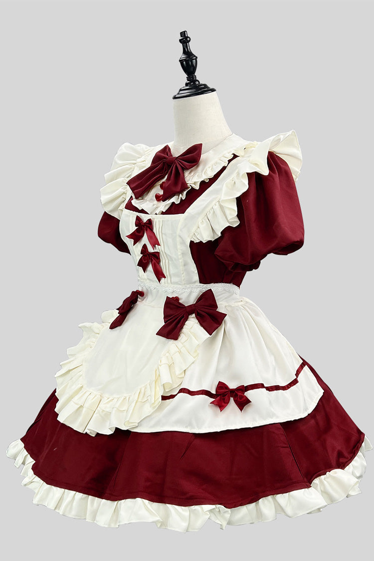 Wine/White Short Sleeves Ruffle Bowknot Lace Plus Size Sweet Maid Short Lolita Dress