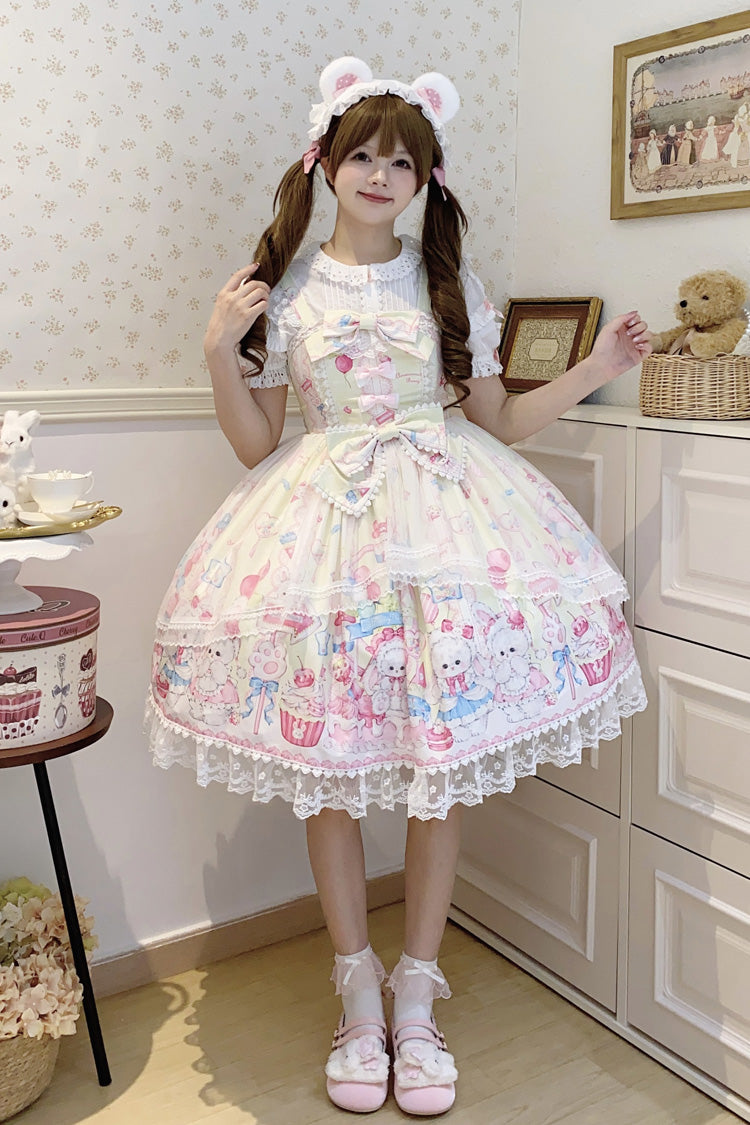 Yellow Cute Rabbit Sweet Cake Print Ruffle Bowknot Lace Sweet Lolita Jsk Dress