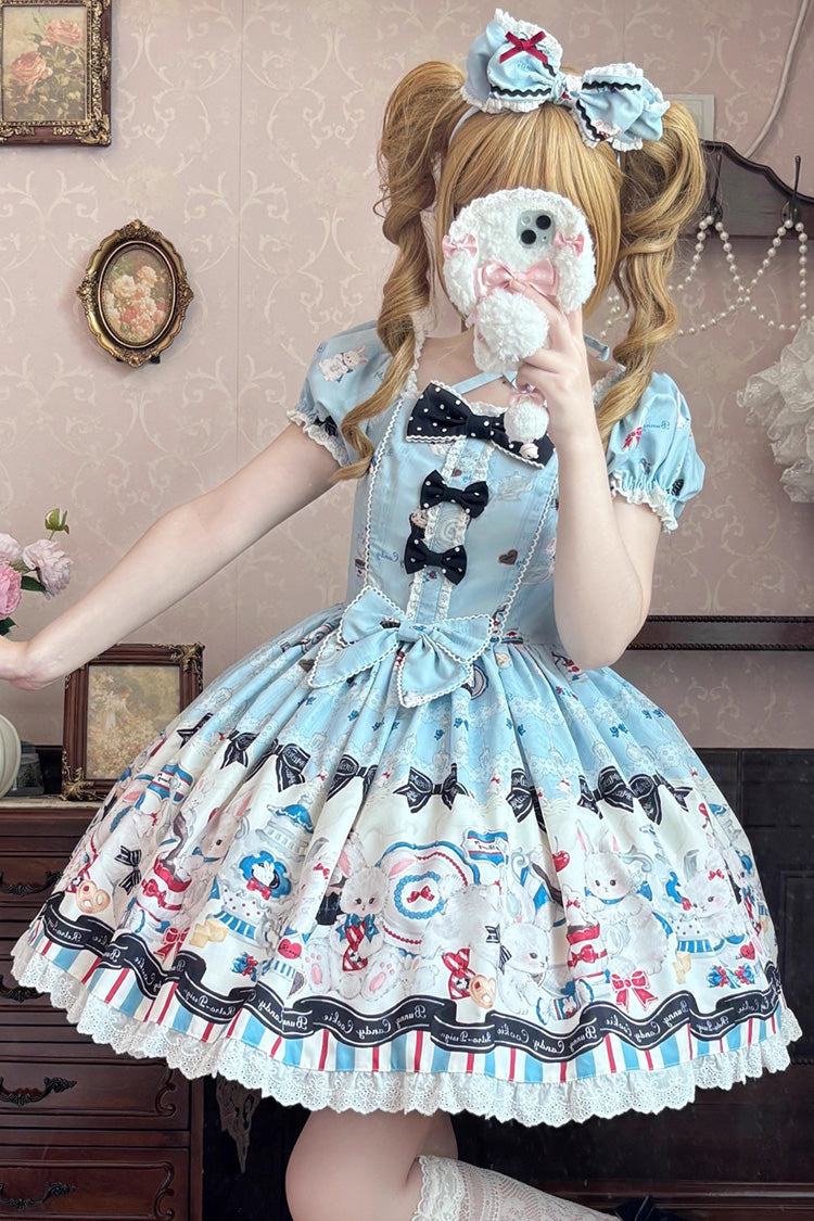 Blue Mystery Rabbit Tea Party Square Collar Short Sleeves Print Ruffle Bowknot Lace Sweet Lolita Dress