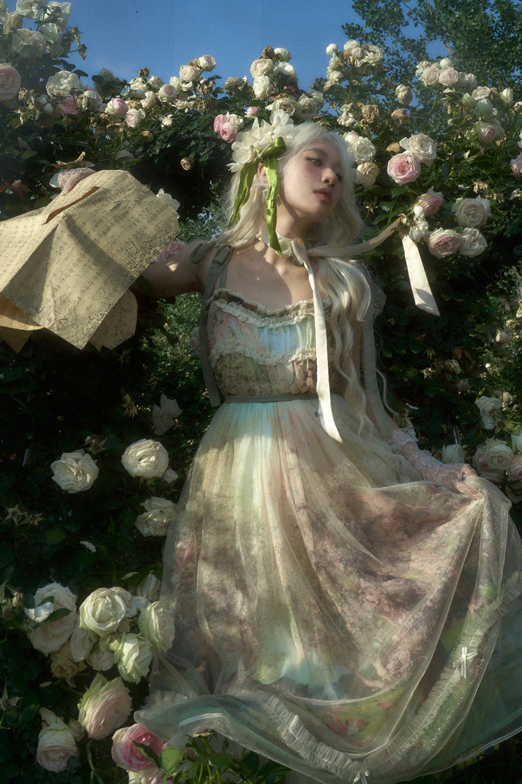 Green Oil Painting – Spring Sleeveless Print Ruffle Bowknot Lace Sweet Lolita Jsk Dress