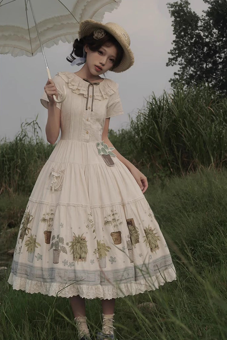 Ivory Potted Plant Short Sleeves Print Ruffle Sweet Lolita Dress