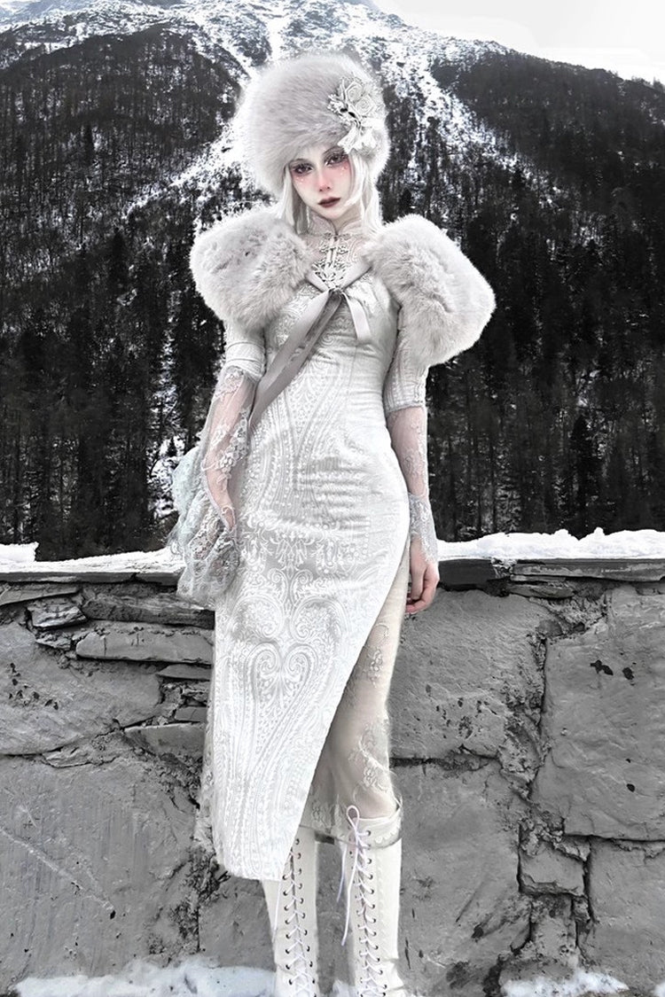 Silver The Call of the Snow Country V Collar Long Sleeves High Waisted Ruffle Lace Gothic Lolita Fishtail Dress