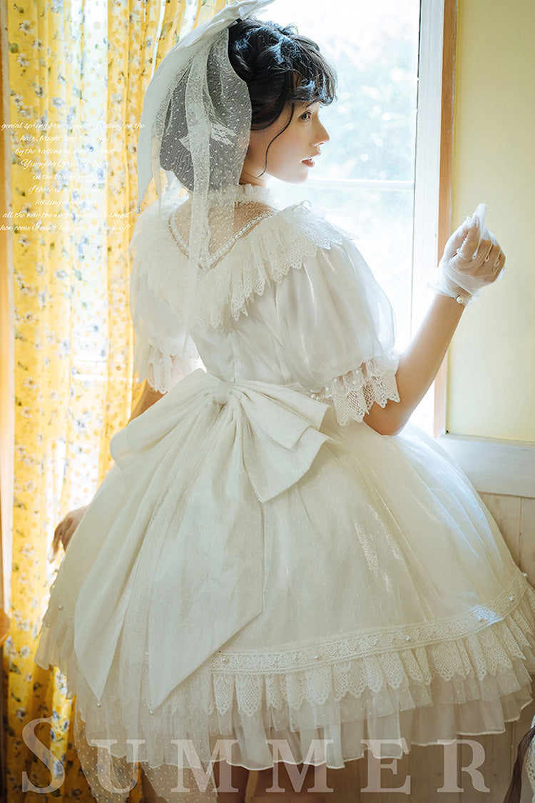 White Multi-Layered Ruffle Hanayome Hollow Bowknot Lace Sweet Vintage Gorgeous Lolita Dress