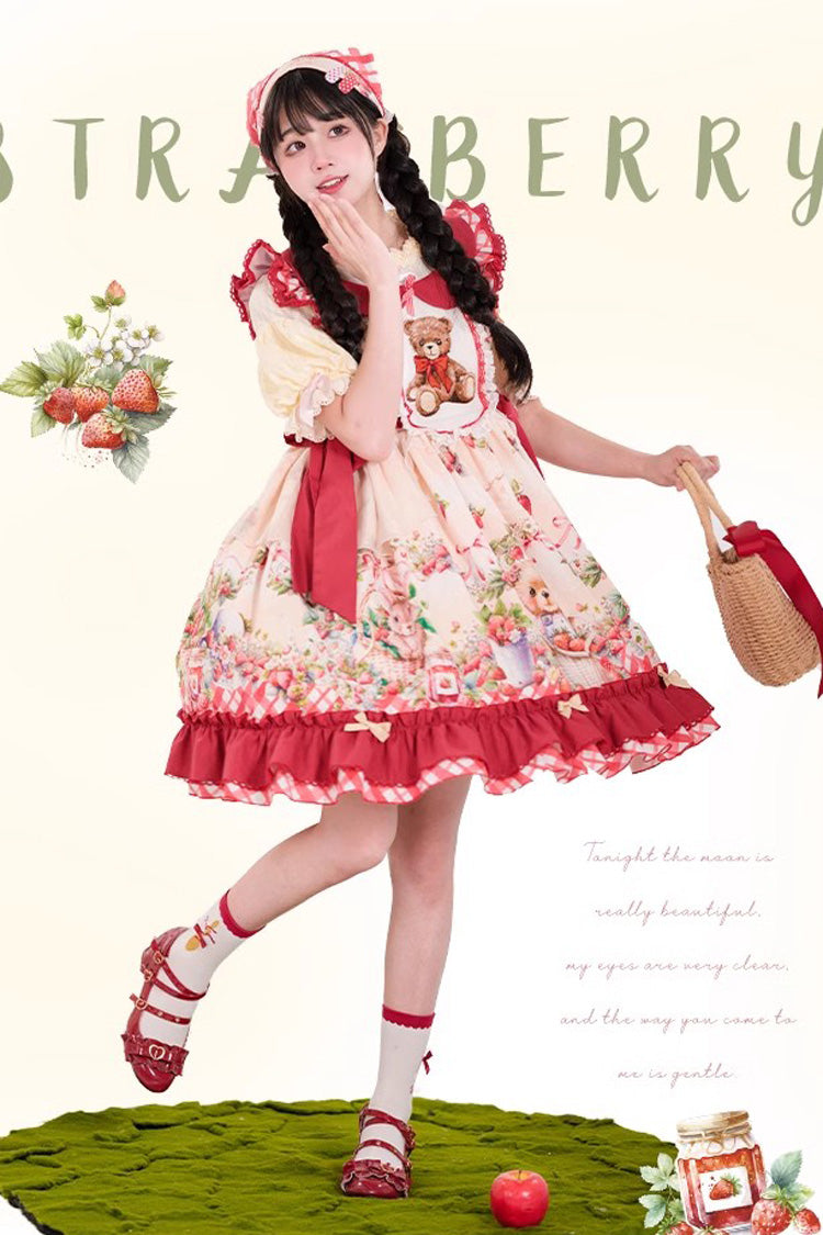 Red December Strawberry Bear Print Ruffle Bowknot Sweet Lolita Dress
