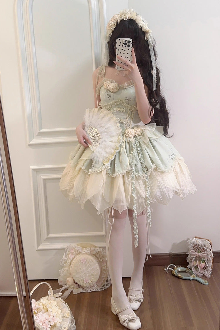 Green Tea Bamboo Song Sleeveless Print Ruffle Bowknot Sweet Chinese Style Elegant Ballet Lolita Jsk Short Dress