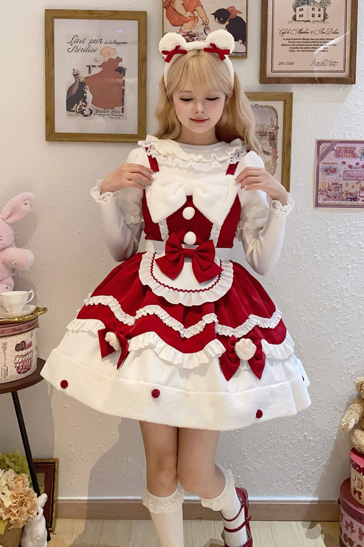 Cream Snow Cat Winter Ruffle Bowknot Sweet Lolita Jsk Dress 3 Colors