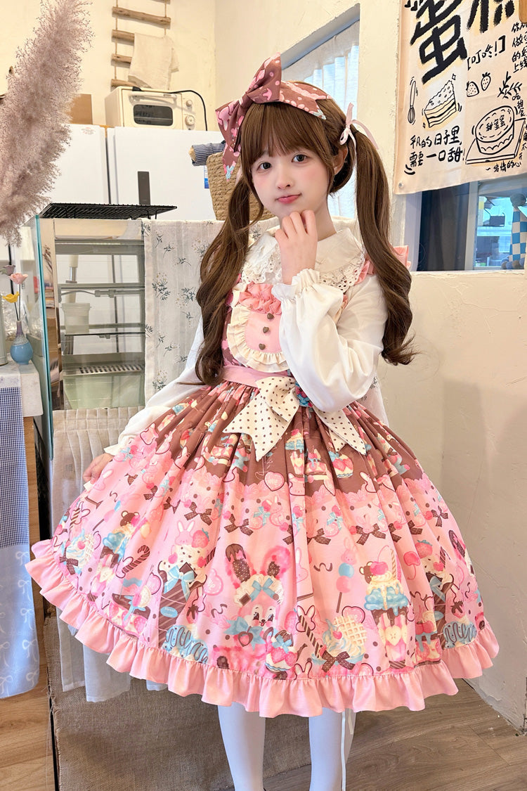 Pink Bunny Tea Party Sleeveless Print Ruffle Bowknot Daily Sweet Lolita Jsk Dress