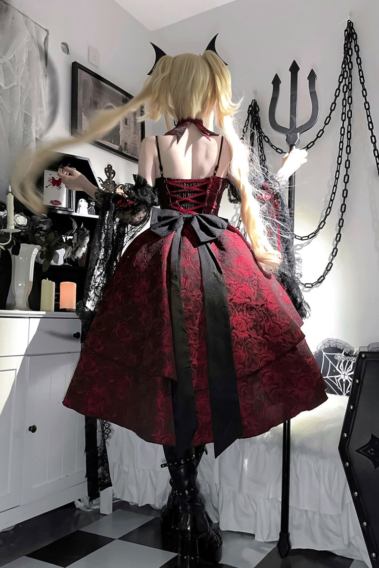 Red Rose Dish Ruffle Embroidery Cardigan Bowknot Lace-Up Gothic Lolita Jsk Dress
