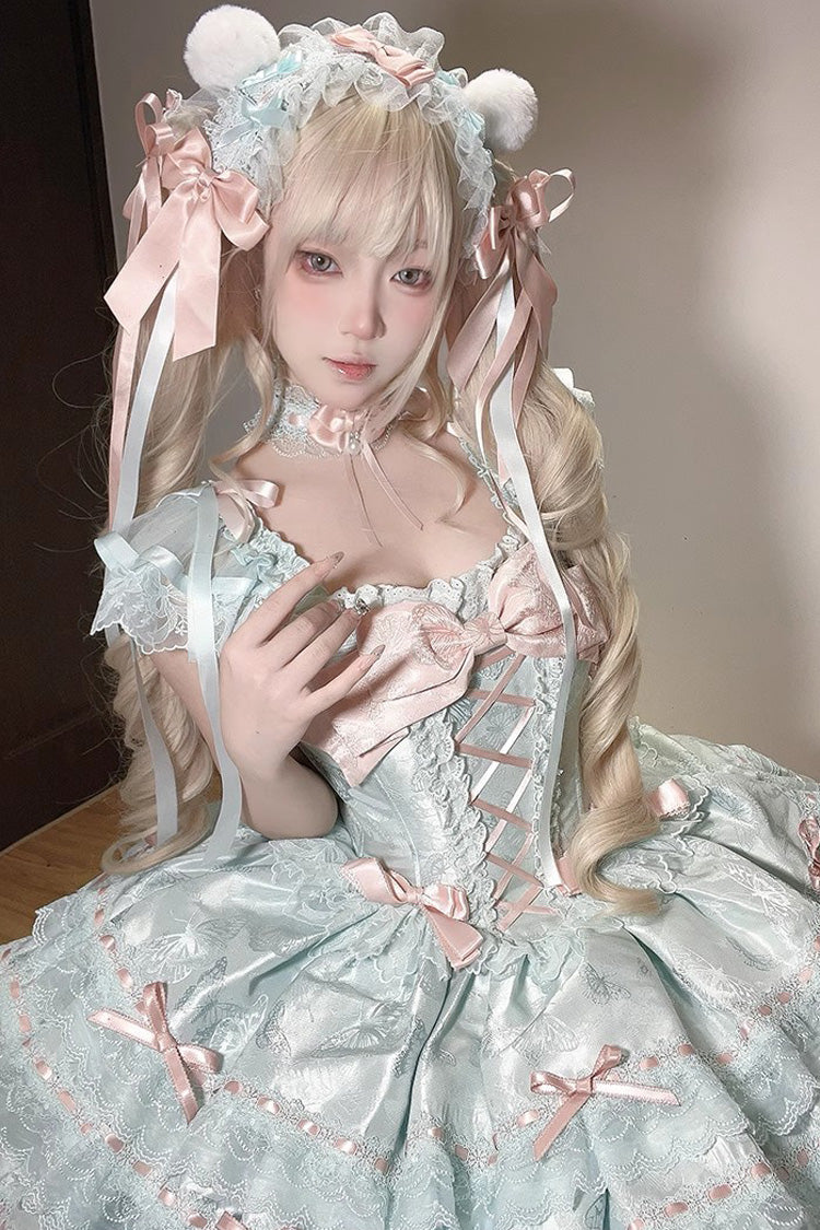 Green Flora Isle Butterfly Sleeveless Ruffle Bowknot Lace Lace-Up Sweet Elegant Lolita Jsk Dress
