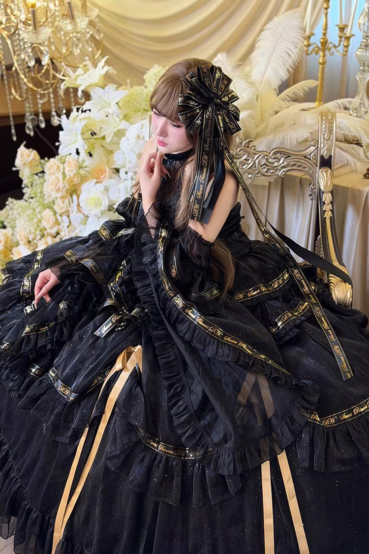 Black Obsidian Banquet Double-Layered Ruffled Hanayome Bow Lace Sweet Gothic Princess Lolita Jsk Dress