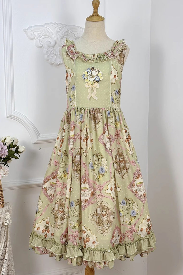 Green Cat Rose Tea Sleeveless Print Ruffle Bowknot Sweet Lolita Jsk Dress