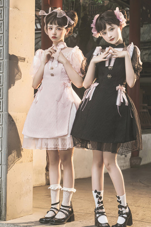 Chinese Style Stand Collar Lace Puff Short Sleeve Delicate Sweet Lolita Dress