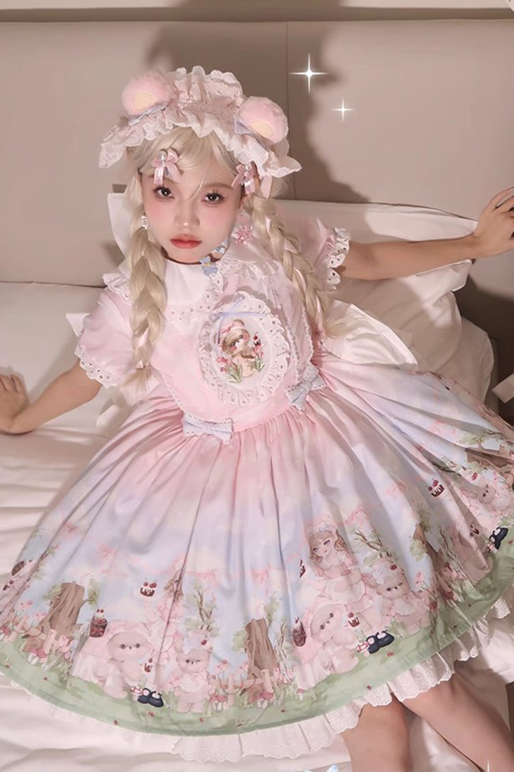Multi-Color Neverland Manor Spring Bear Print Ruffle Bowknot Sweet Lolita Dress
