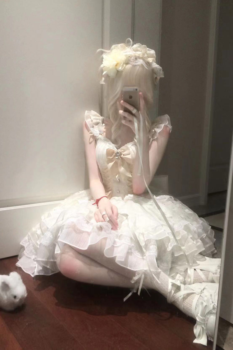 Ivory First Love Multi-Layered Ruffle Bowknot Lace-Up Sweet Elegant Princess Lolita Jsk Dress