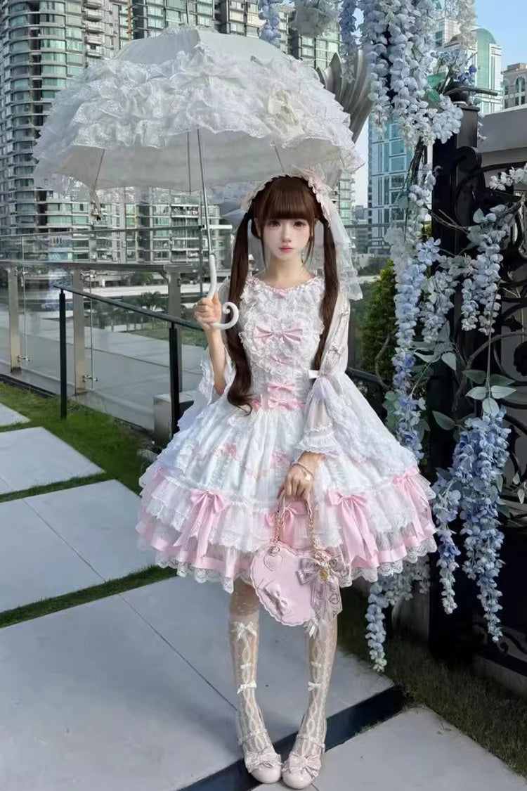 Pink/White Scarlet Heart Cocoa Sleeveless Triple-Layered Ruffle Embroidery Bowknot Lace Sweet Lolita Jsk Dress