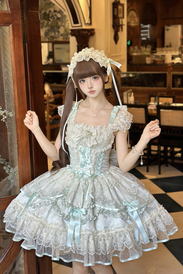 Light Green Dreaming Butterfly Multi-Layered Jacquard Ruffle Bowknot Lace Sweet Princess Lolita Jsk Dress