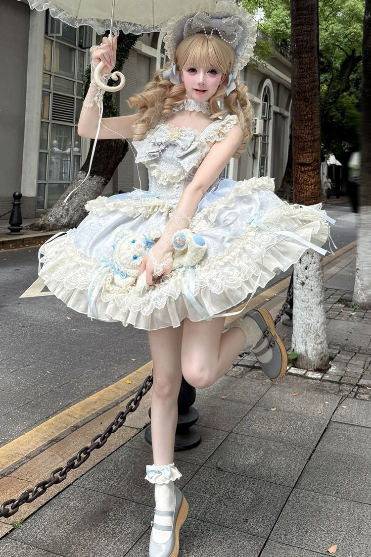 Blue Blossoming Heart Love  Sleeveless Dark Jacquard Print Bowknot Lace Sweet Lolita Jsk Dress