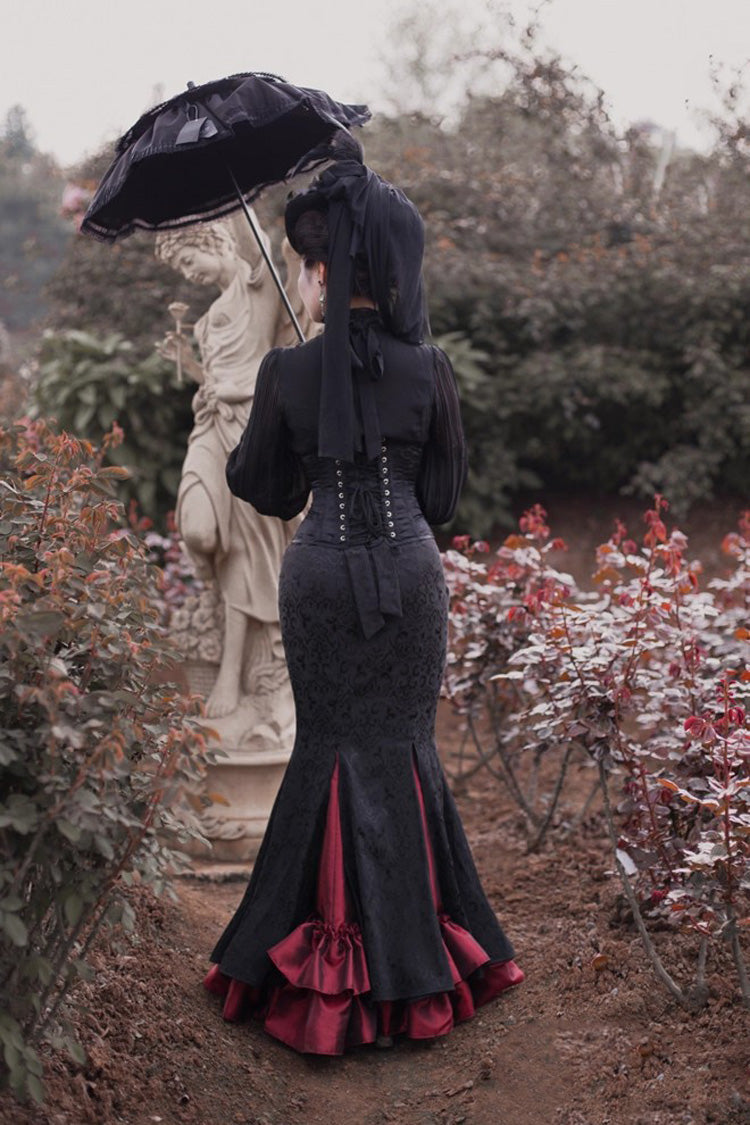Black/Red Lorelei Double-Layered Print Ruffle Gothic Elegant Lolita Jacquard Mermaid Maxi Skirt