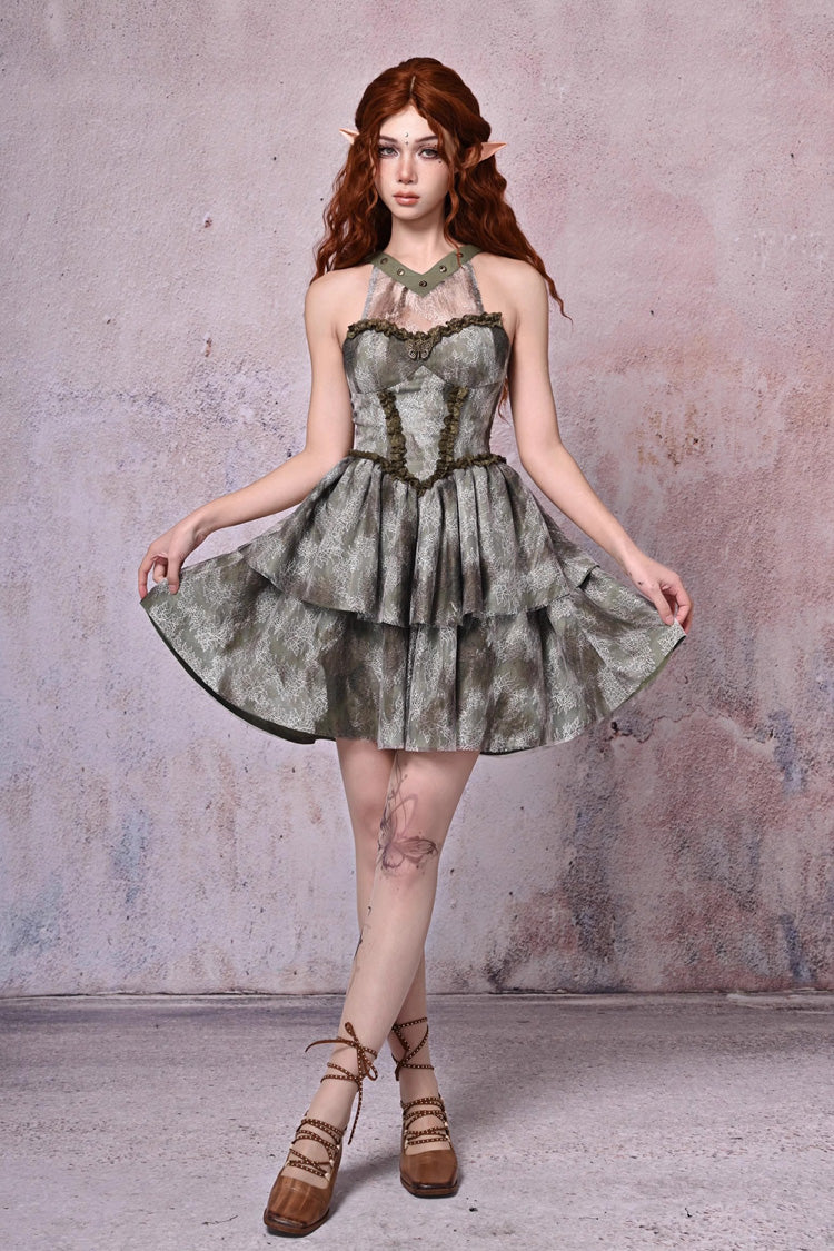 Light Green Halterneck Double-Layered Print Ruffle Lace Tie-dyed Vintage Jsk Dress