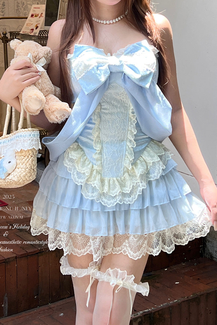 Blue Antique Girl Sleeveless Double-Layered Ruffle Bowknot Lace Sweet Lolita Two-piece Skirt Set