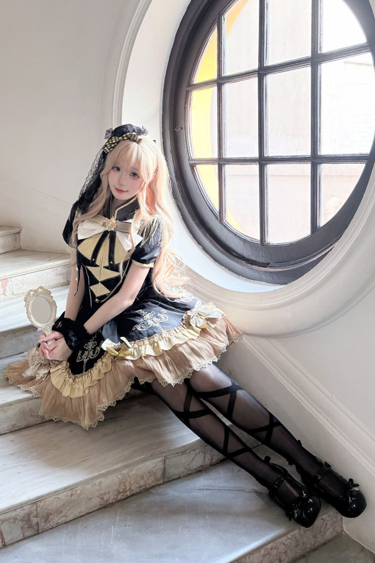 Black Gilded Oath Short Sleeves Double-Layered Ruffle Embroidery Bowknot Gothic Lolita Dress