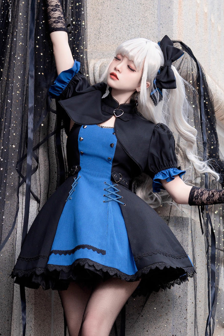 Black/Blue Night Liana Ruffle Bowknot Lace-Up Sweet Japanese Lolita Jumper Dress Set