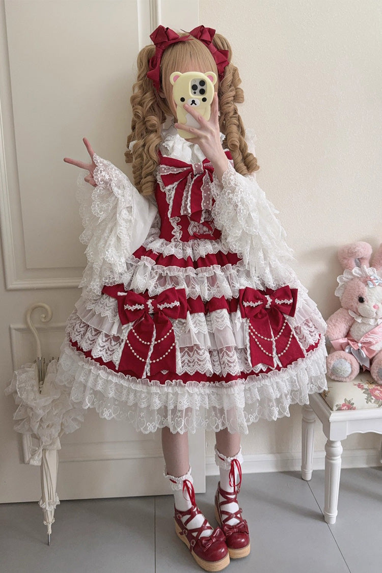 Wine Red Knot of the Crossed Heart Sleeveless Multi-Layered Ruffle Hanayome Cardigan Bowknot Lace Lace-Up Sweet Lolita Jsk Dress