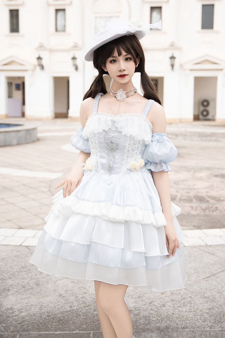 Light Blue Rose Of The Night Sea And Starry Sky Off Shoulder Multi-Layered Ruffle Embroidery Sweet Lolita Dress